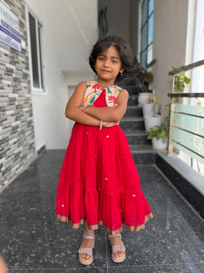 Red Narayanpet Kids wear with Separate Waistcoat
