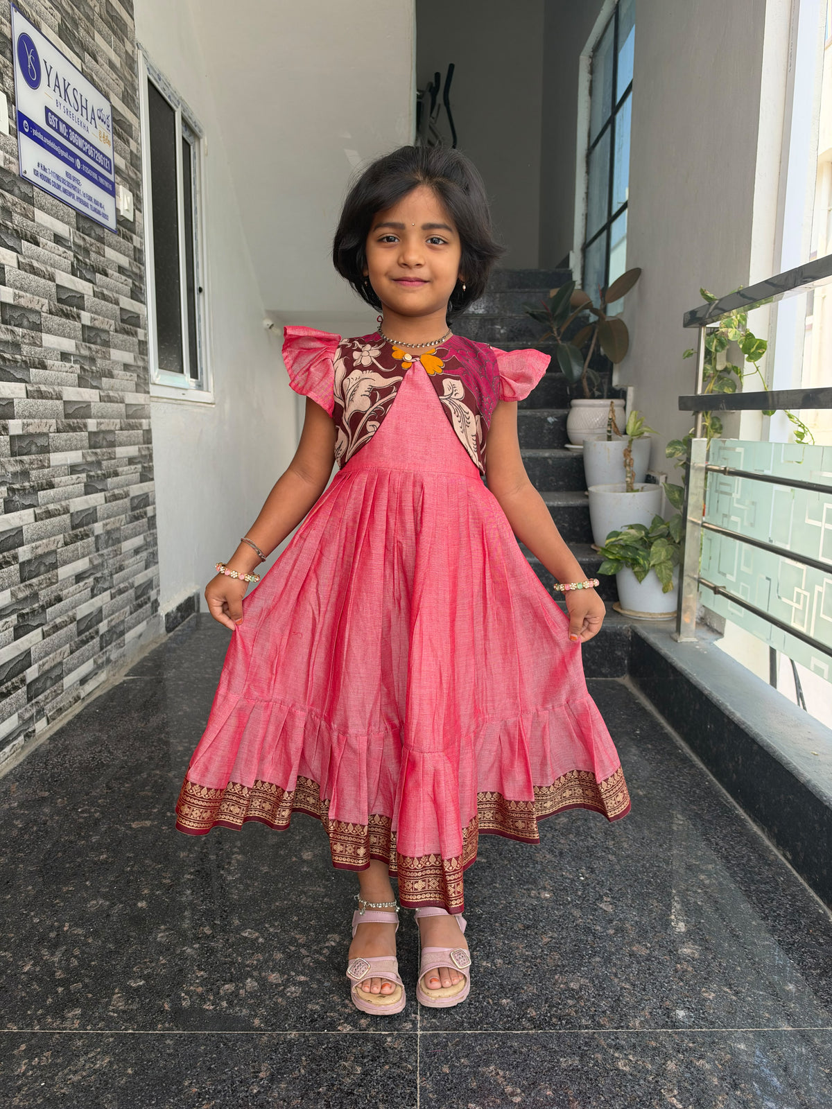 Pink Narayanpet Kids Wear with Separate Waistcoat