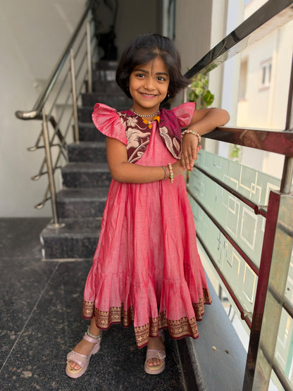 Pink Narayanpet Kids Wear with Separate Waistcoat