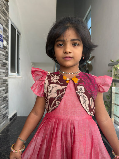 Pink Narayanpet Kids Wear with Separate Waistcoat