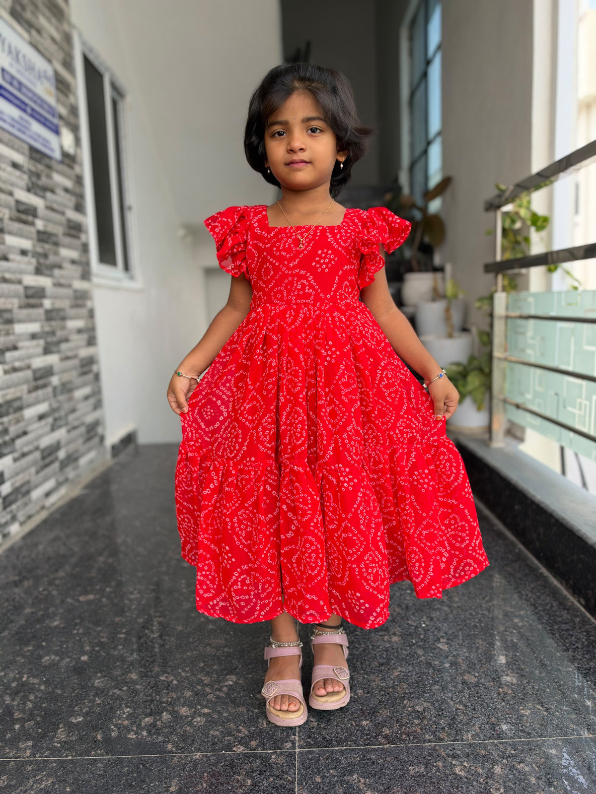 Red Bandini Kids Wear – Traditional Tie-Dye Print & Ruffled Sleeves