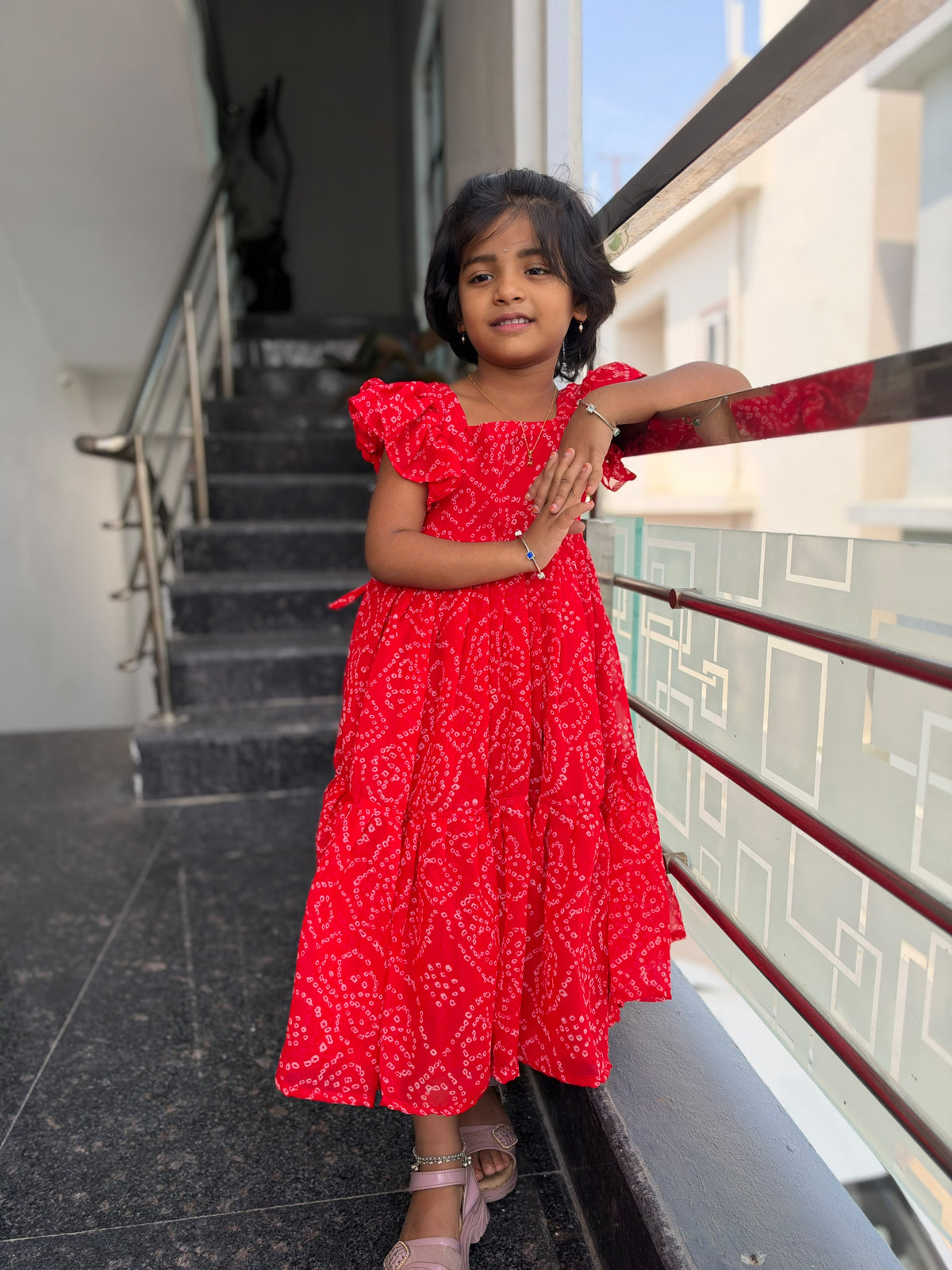 Red Bandini Kids Wear – Traditional Tie-Dye Print & Ruffled Sleeves