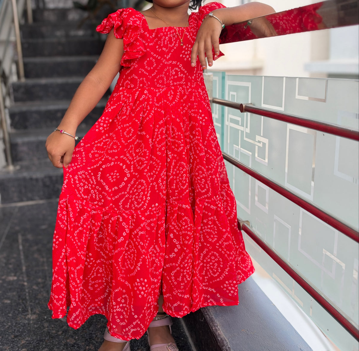 Red Bandini Kids Wear – Traditional Tie-Dye Print & Ruffled Sleeves