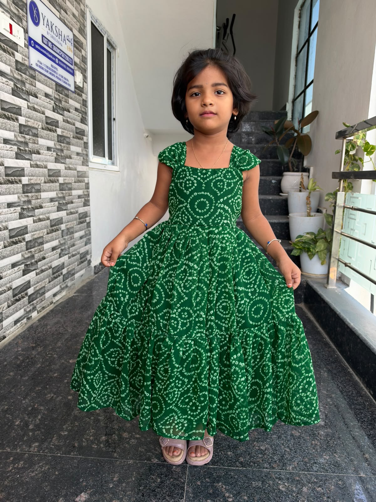 Green Bandini Kids Wear – Traditional Tie-Dye Print &amp; Flared Design