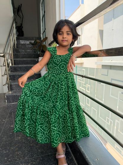 Green Bandini Kids Wear – Traditional Tie-Dye Print &amp; Flared Design