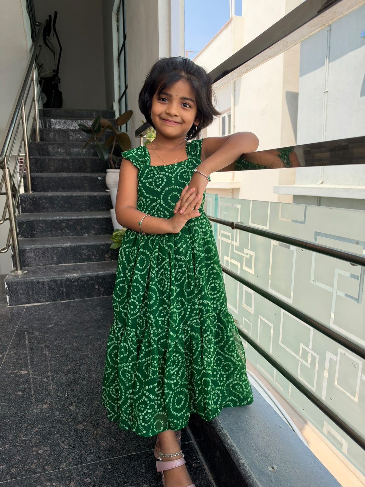 Green Bandini Kids Wear – Traditional Tie-Dye Print &amp; Flared Design