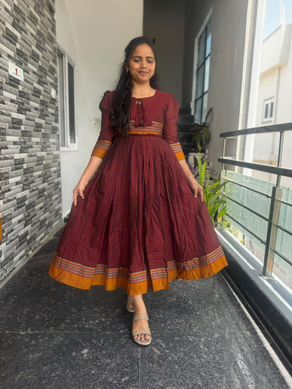 Maroon Narayanpet Frock – Traditional Woven Border & Flared Design