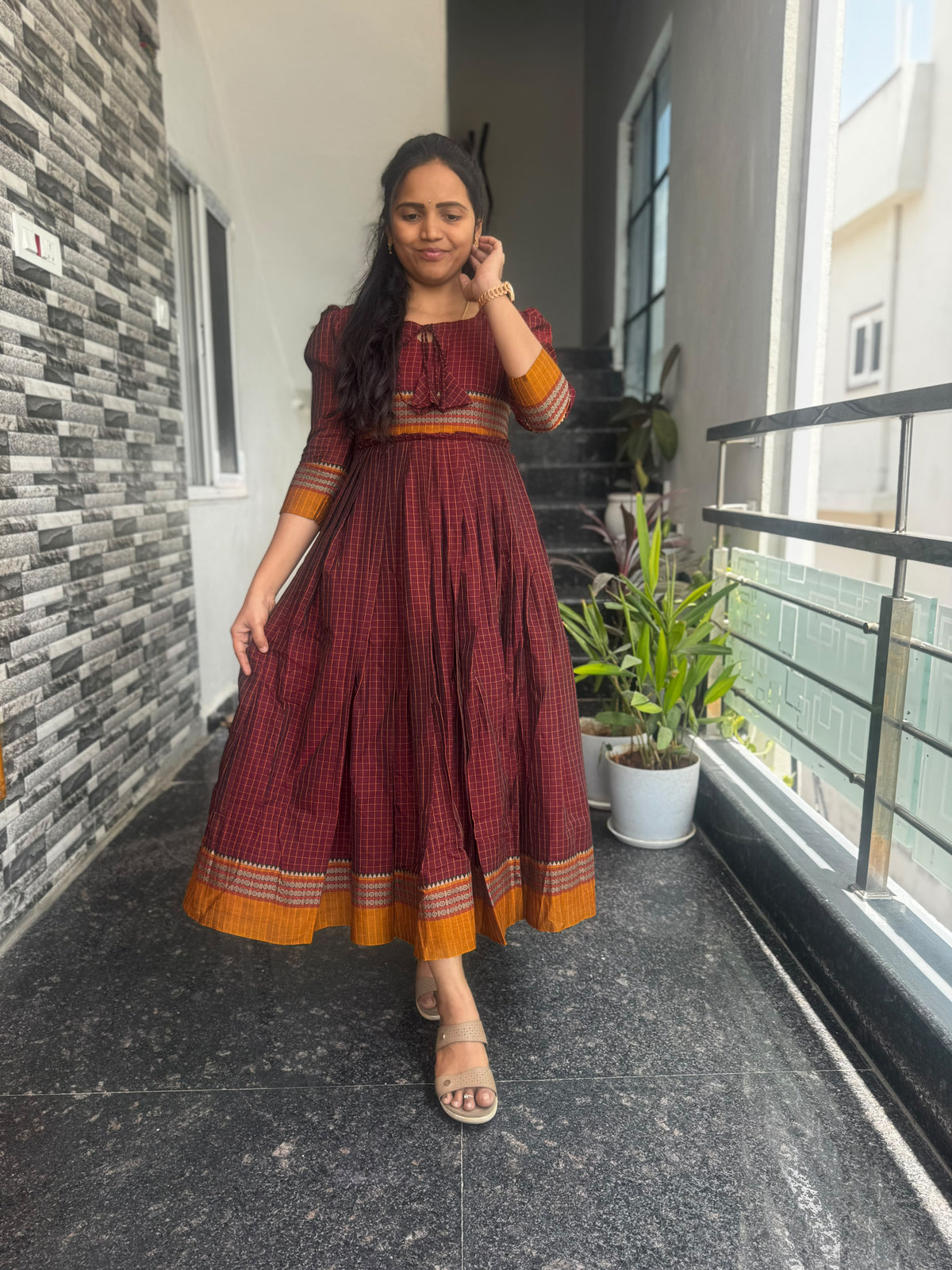 Maroon Narayanpet Frock – Traditional Woven Border & Flared Design