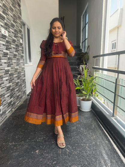 Maroon Narayanpet Frock – Traditional Woven Border & Flared Design
