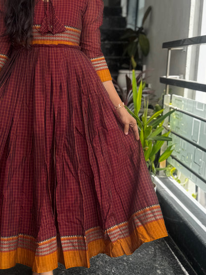 Maroon Narayanpet Frock – Traditional Woven Border & Flared Design