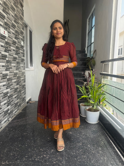 Maroon Narayanpet Frock – Traditional Woven Border & Flared Design
