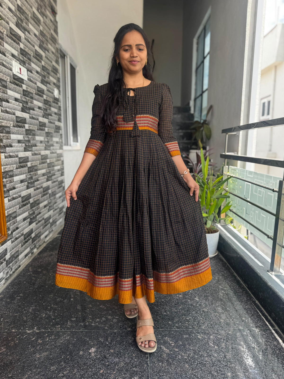 Black Narayanpet Frock – Traditional Woven Border &amp; Flared Design