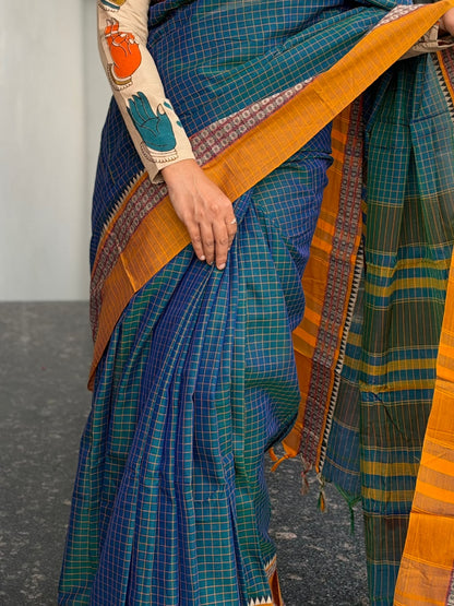Teal Blue & Mustard Yellow Narayanpet Checks Saree – Kalamkari Blouse Piece