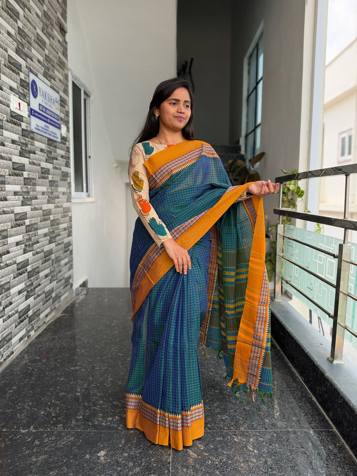Teal Blue & Mustard Yellow Narayanpet Checks Saree – Kalamkari Blouse Piece