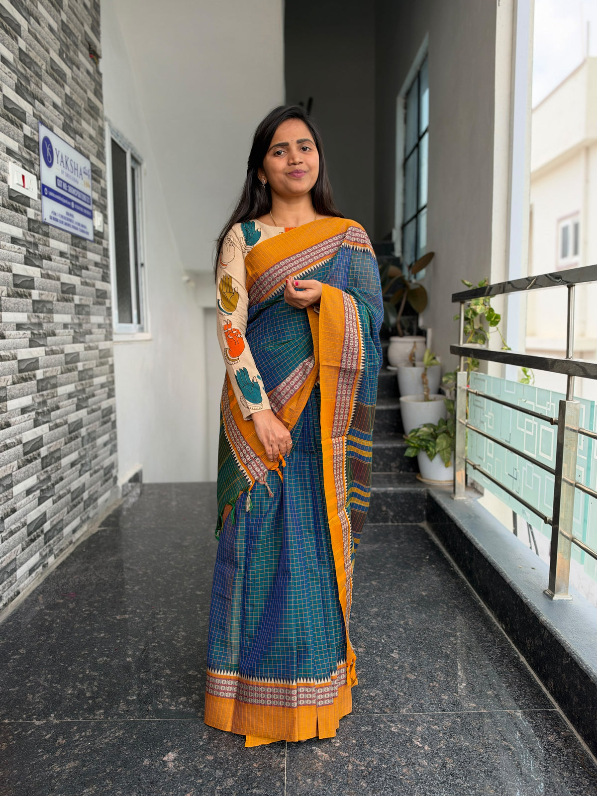 Teal Blue & Mustard Yellow Narayanpet Checks Saree – Kalamkari Blouse Piece