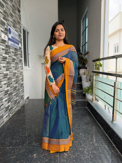 Teal Blue & Mustard Yellow Narayanpet Checks Saree – Kalamkari Blouse Piece