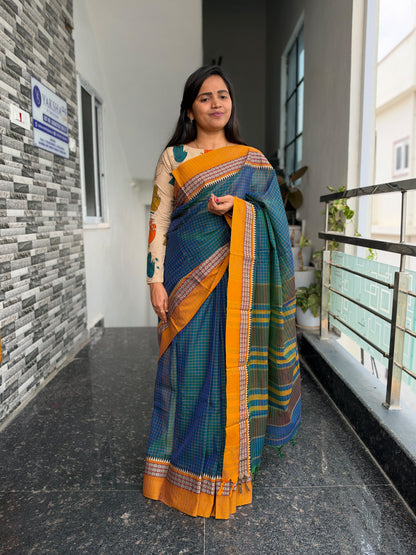 Teal Blue & Mustard Yellow Narayanpet Checks Saree – Kalamkari Blouse Piece