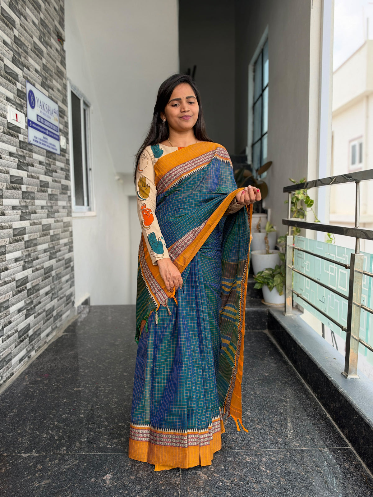 Teal Blue & Mustard Yellow Narayanpet Checks Saree – Kalamkari Blouse Piece
