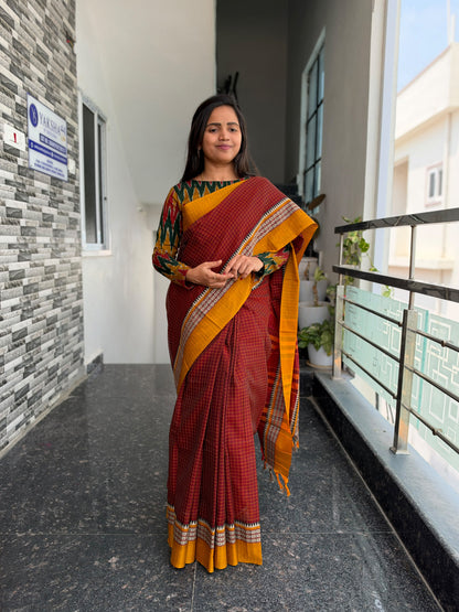 Maroon Narayanpet Checks Saree – Ikkat Blouse Piece