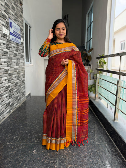 Maroon Narayanpet Checks Saree – Ikkat Blouse Piece