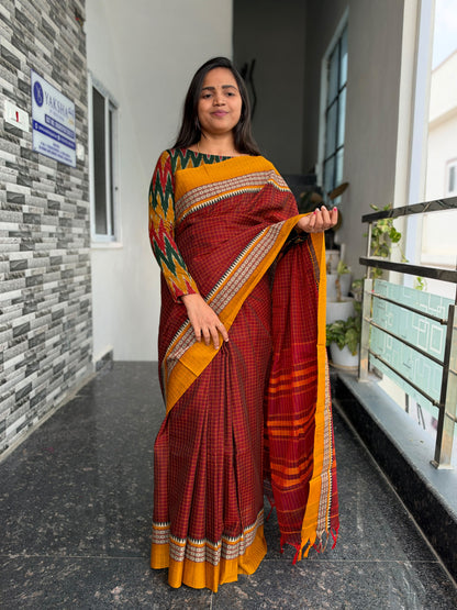 Maroon Narayanpet Checks Saree – Ikkat Blouse Piece