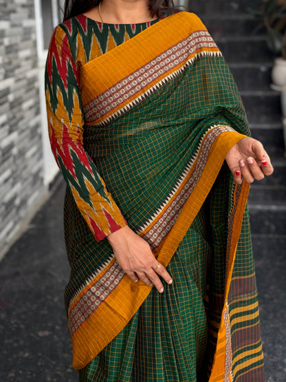 Green Narayanpet Checks Saree – Ikkat Blouse Piece