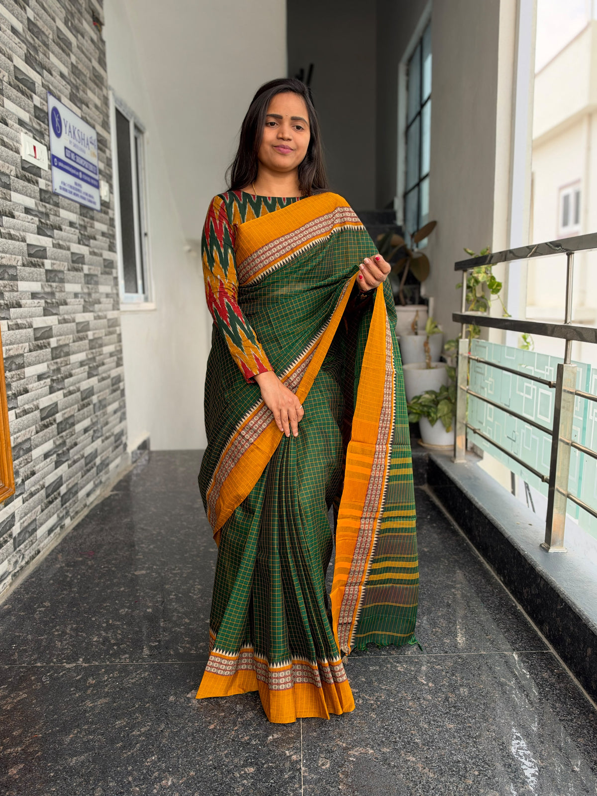 Green Narayanpet Checks Saree – Ikkat Blouse Piece