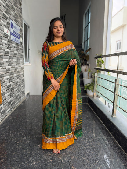 Green Narayanpet Checks Saree – Ikkat Blouse Piece