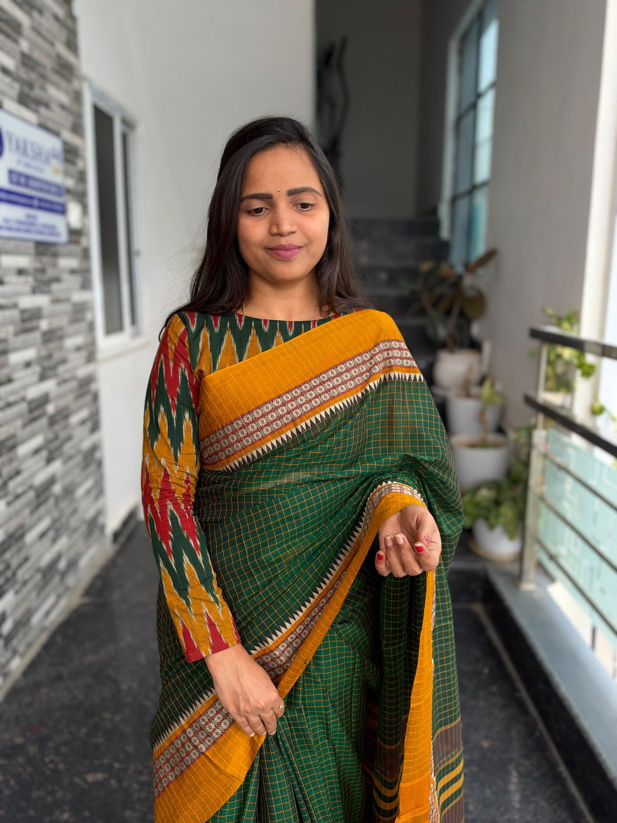 Green Narayanpet Checks Saree – Ikkat Blouse Piece