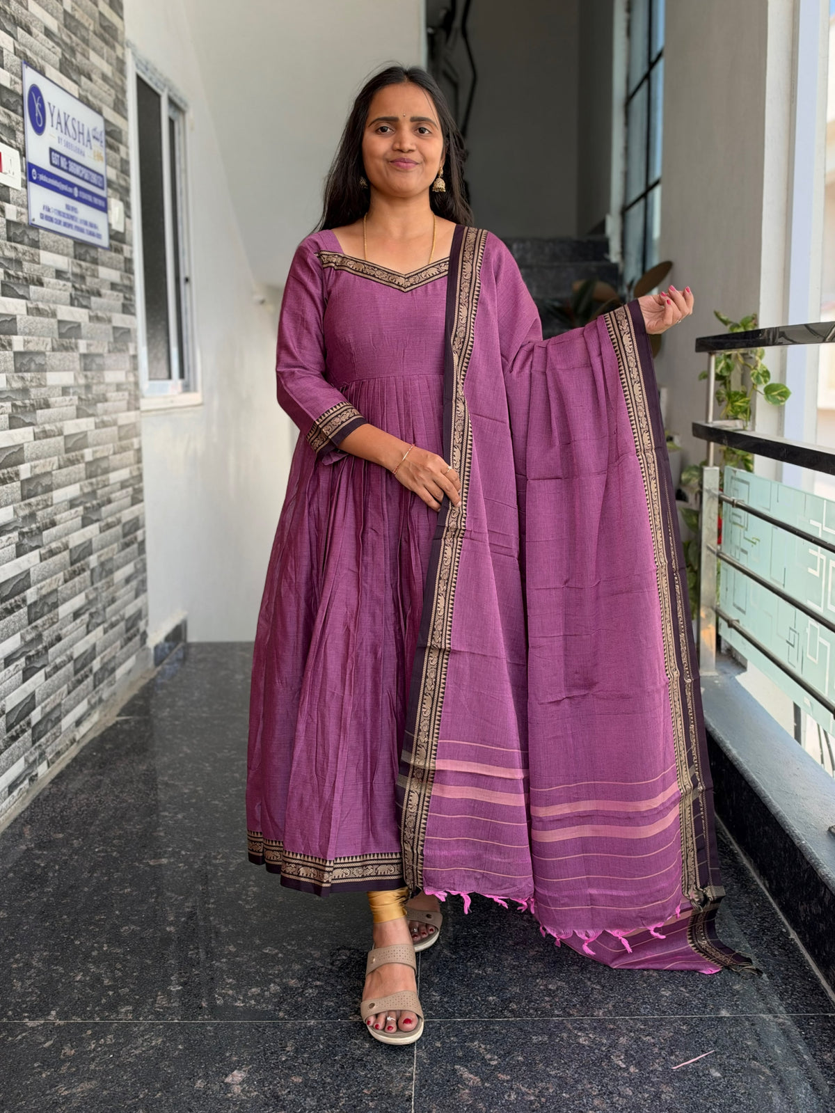 Purple Narayanpet Anarkali 2-Piece Set – Traditional Woven Border