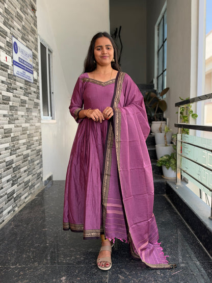 Purple Narayanpet Anarkali 2-Piece Set – Traditional Woven Border