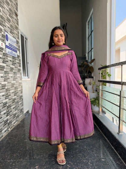 Purple Narayanpet Anarkali 2-Piece Set – Traditional Woven Border