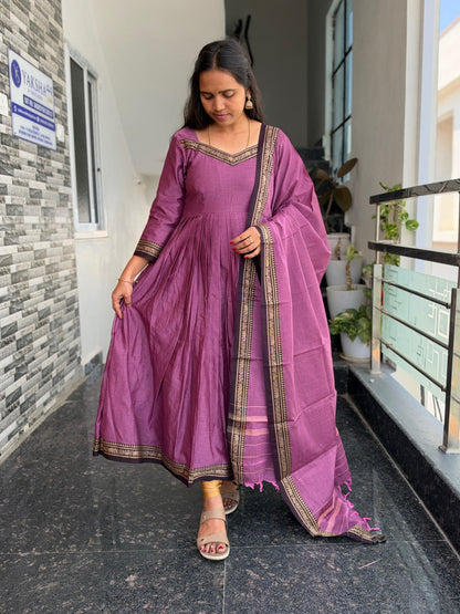 Purple Narayanpet Anarkali 2-Piece Set – Traditional Woven Border