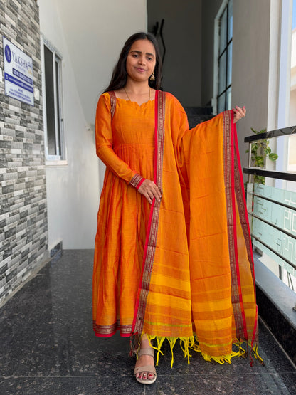 Yellow Narayanpet Anarkali 2-Piece Set – Traditional Woven Border
