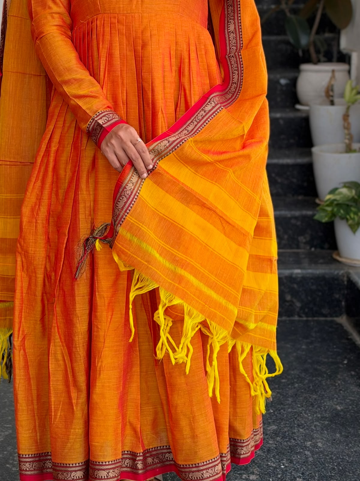 Yellow Narayanpet Anarkali 2-Piece Set – Traditional Woven Border
