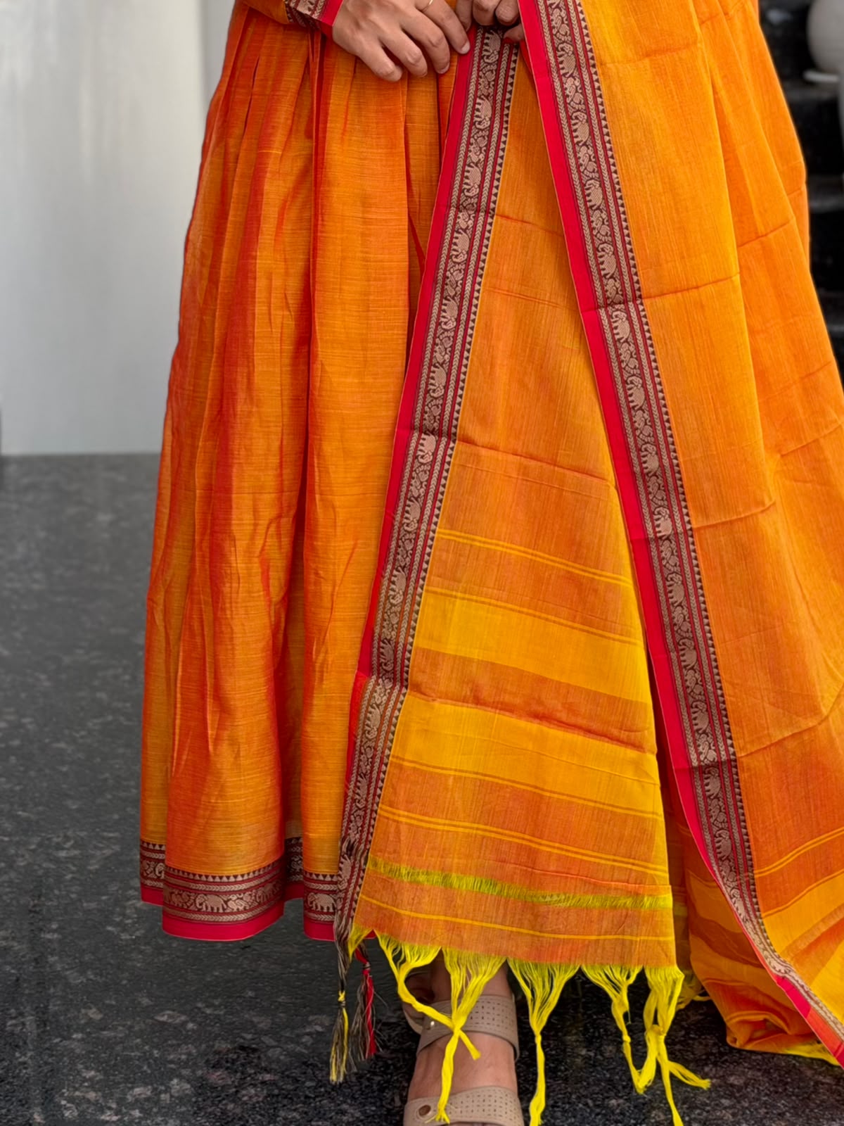 Yellow Narayanpet Anarkali 2-Piece Set – Traditional Woven Border
