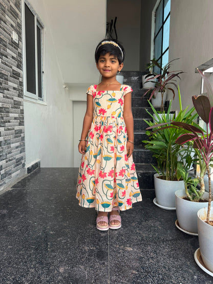 Cream Kota Cotton Floral Kids Wear