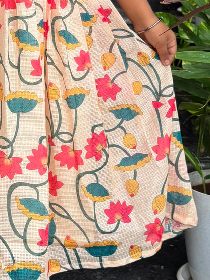 Cream Kota Cotton Floral Kids Wear