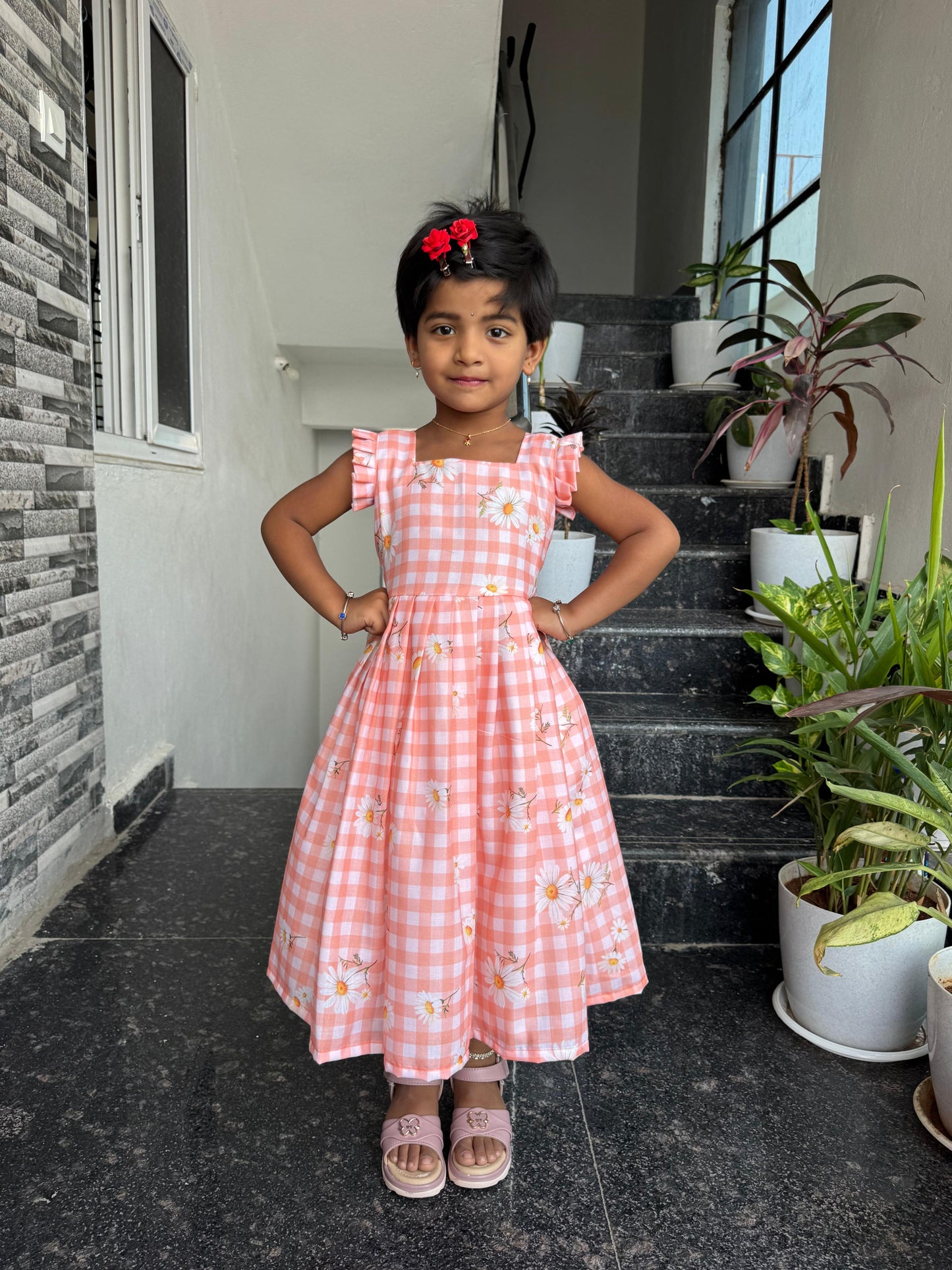 Peach Mul Cotton Floral Checkered Kids Wear