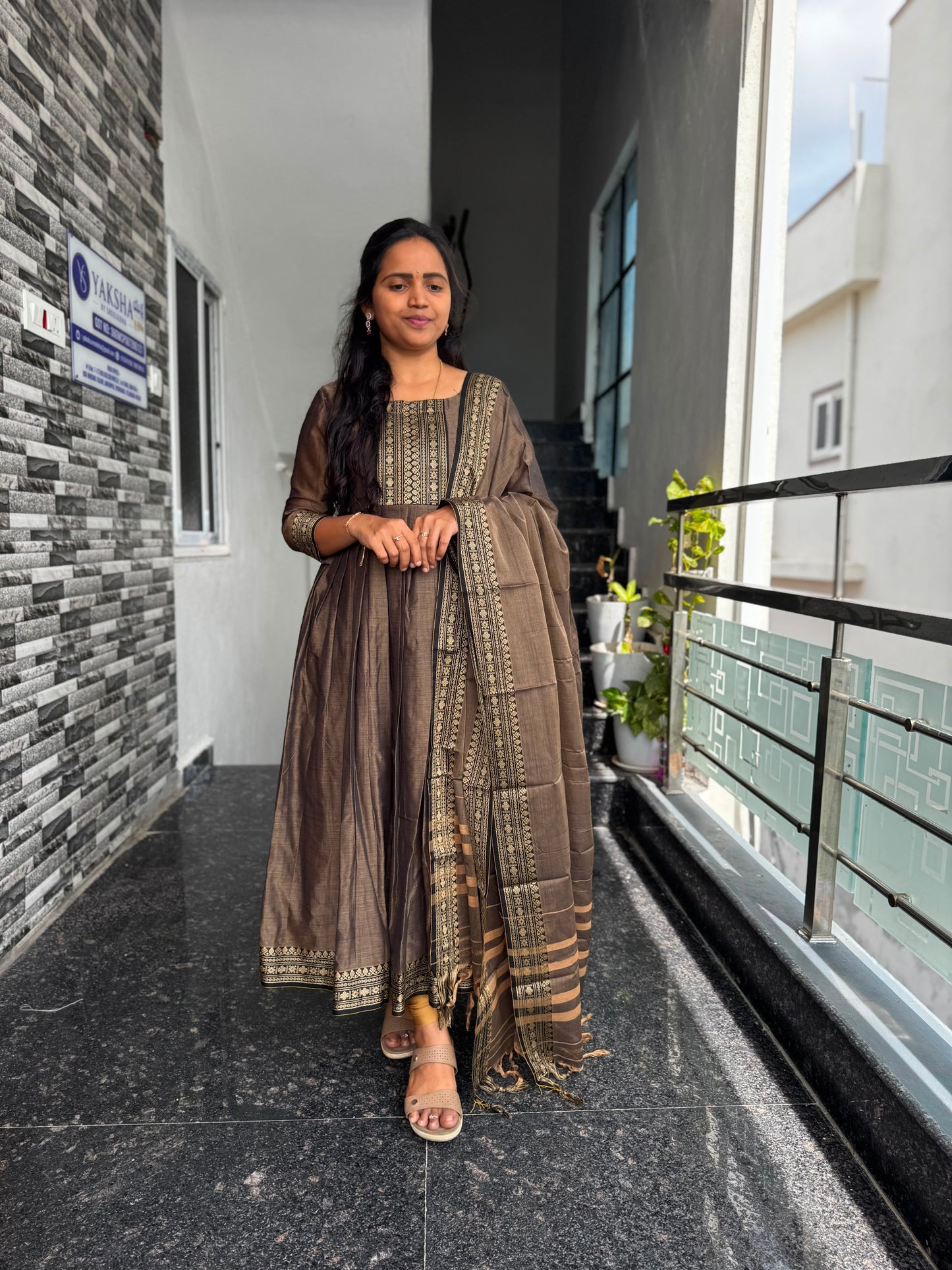 Earthy Brown Narayanpet Mercerised Cotton Anarkali 2 piece set