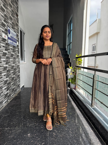Earthy Brown Narayanpet Mercerised Cotton Anarkali 2 piece set
