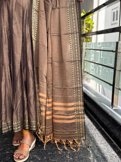 Earthy Brown Narayanpet Mercerised Cotton Anarkali 2 piece set