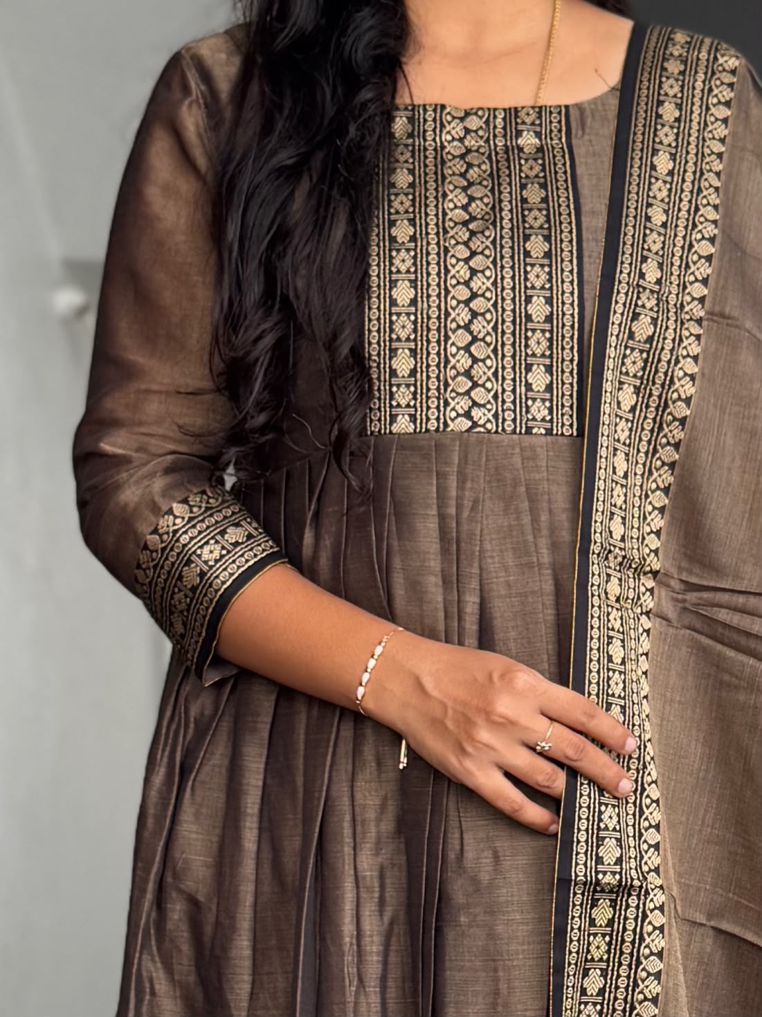 Earthy Brown Narayanpet Mercerised Cotton Anarkali 2 piece set