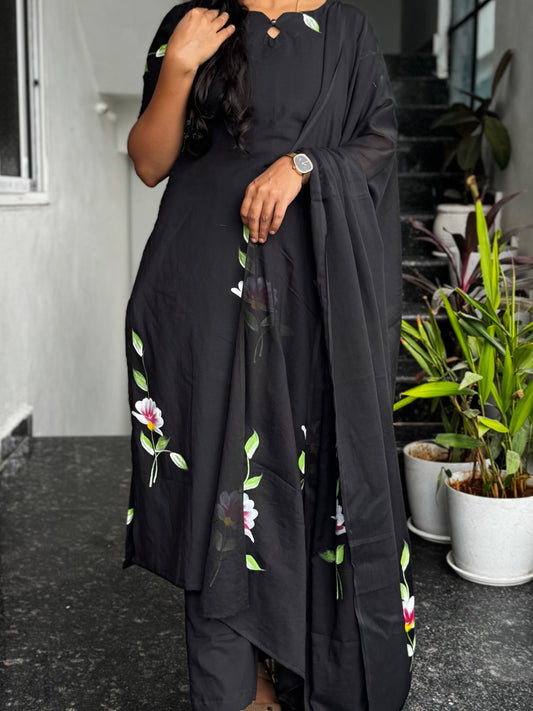 Black Bagru Hand-Printed Mul Cotton 3-Piece Set