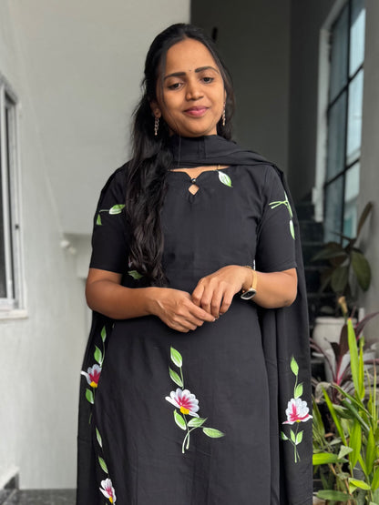 Black Bagru Hand-Printed Mul Cotton 3-Piece Set