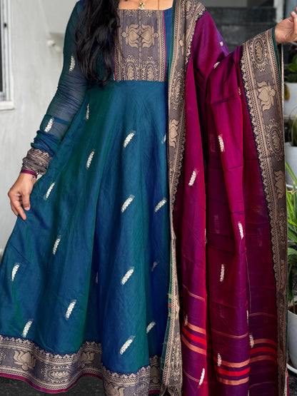 Teal Blue Narayanpet Anarkali with Lotus Border 2-Piece Set